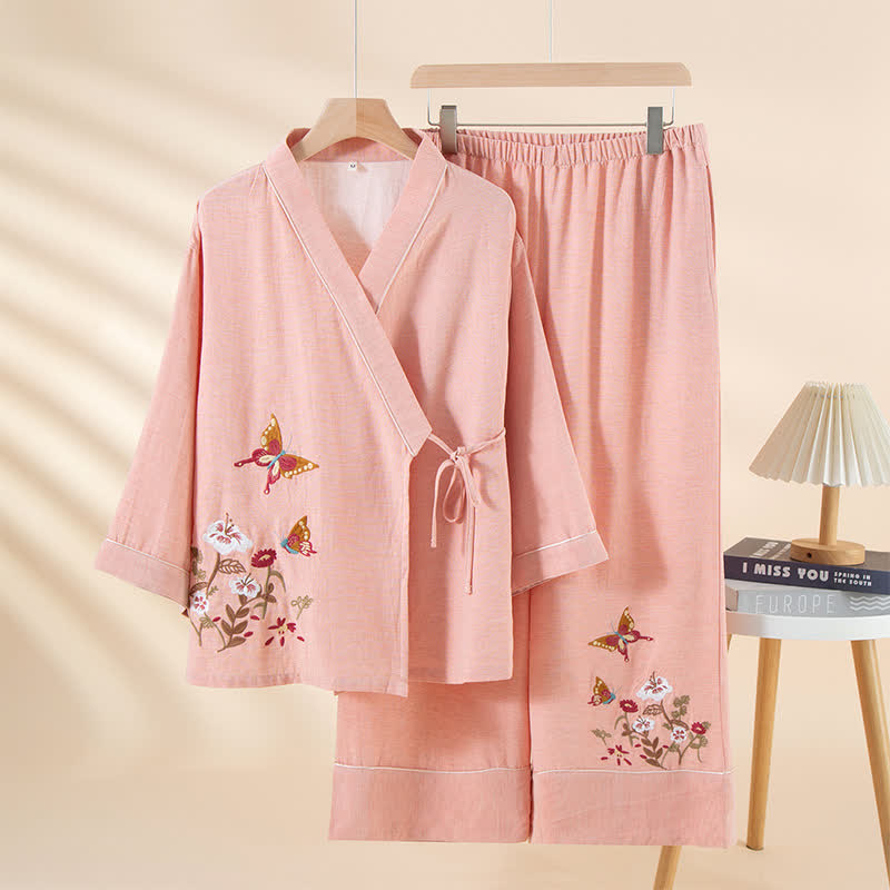 Kimono-Loungewear-Set mit Schmetterlings- und Blumenstickerei - Rosa - XL - image 2