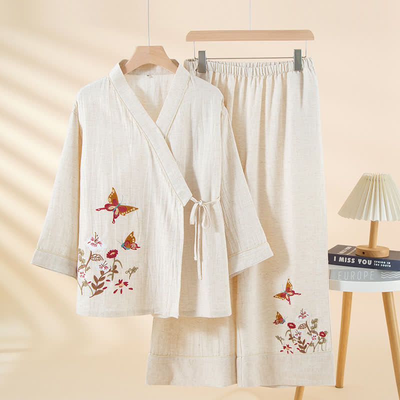 Kimono-Loungewear-Set mit Schmetterlings- und Blumenstickerei - Weiß - XL - image 4