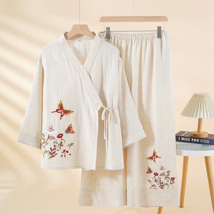 Kimono-Loungewear-Set mit Schmetterlings- und Blumenstickerei - Weiß - XL - image 4