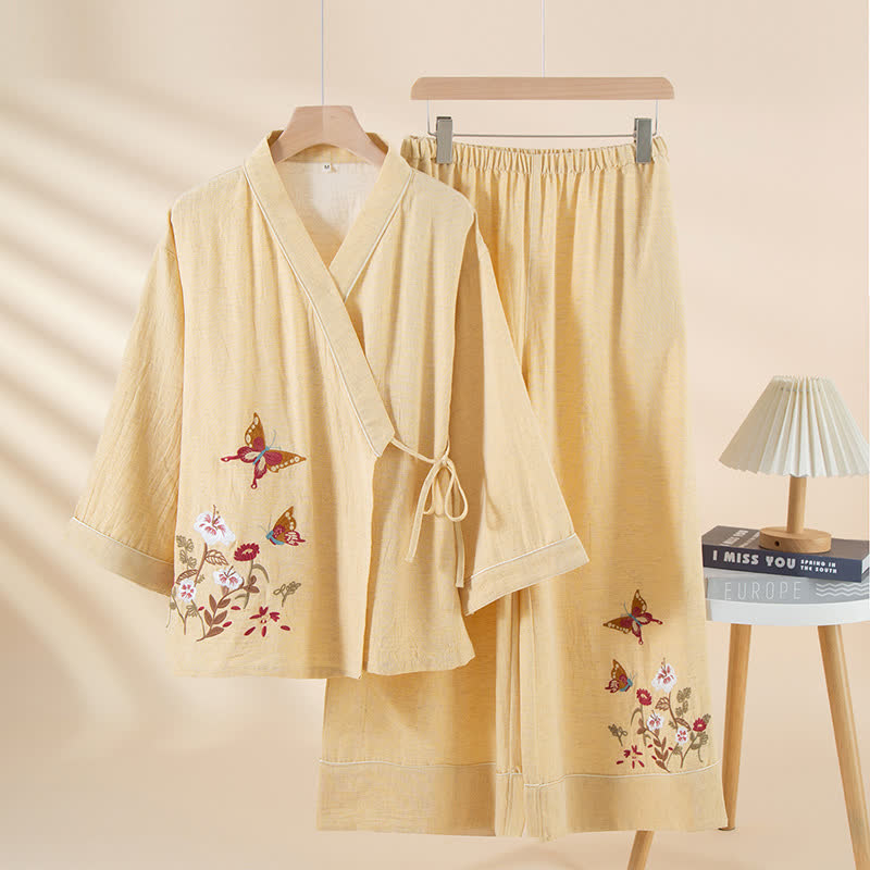 Kimono-Loungewear-Set mit Schmetterlings- und Blumenstickerei - Gelb - XL - image 3