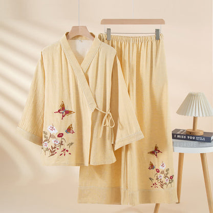 Kimono-Loungewear-Set mit Schmetterlings- und Blumenstickerei - Gelb - XL - image 3