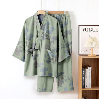 Ginkgoblatt-Kimono aus Bio-Baumwolle, Loungewear - Grün - XL - image 2