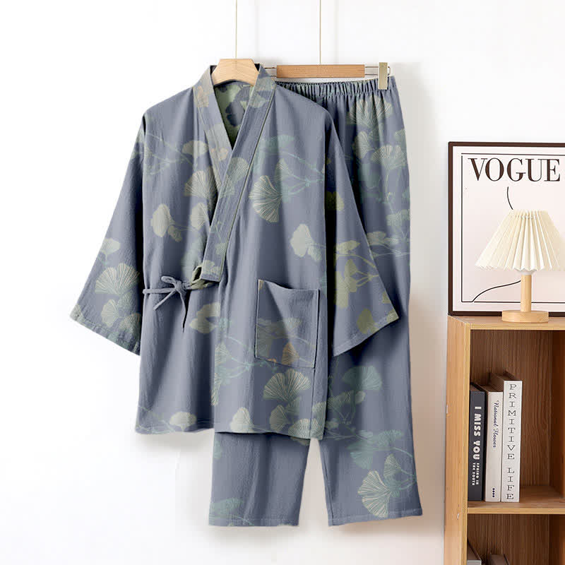 Ginkgoblatt-Kimono aus Bio-Baumwolle, Loungewear - Hellblau - XL - image 5