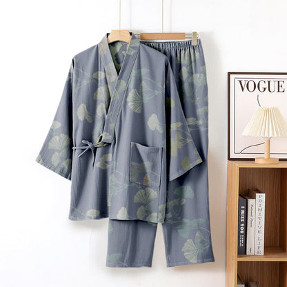 Ginkgoblatt-Kimono aus Bio-Baumwolle, Loungewear - Hellblau - XL - image 5