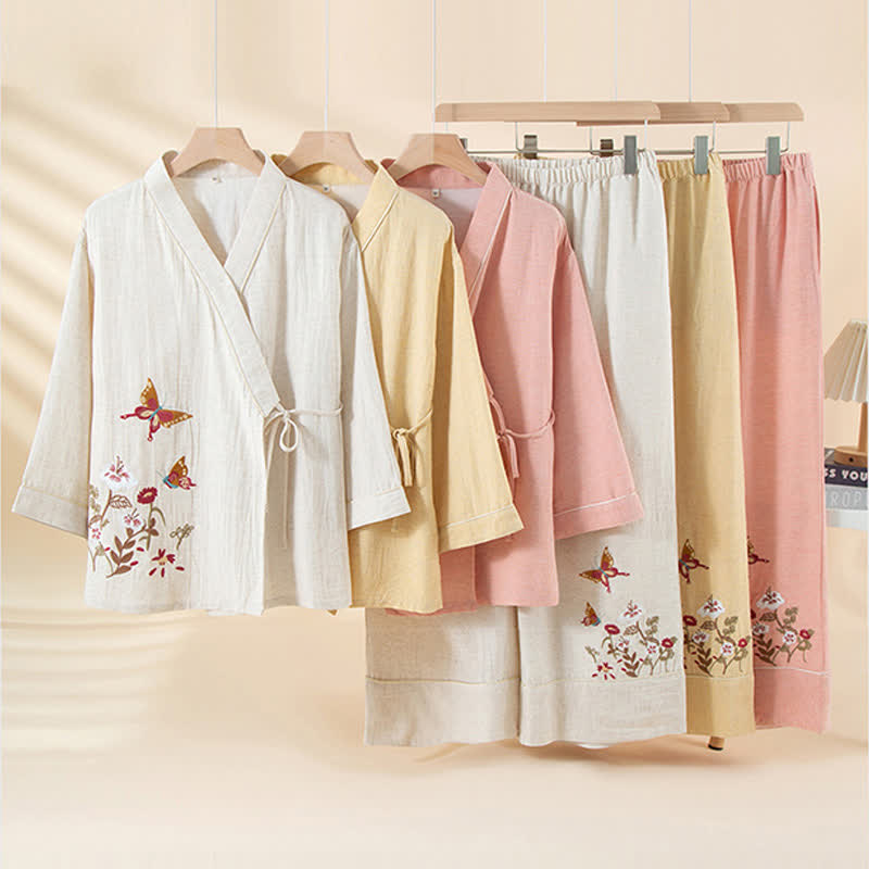Kimono-Loungewear-Set mit Schmetterlings- und Blumenstickerei - image 1