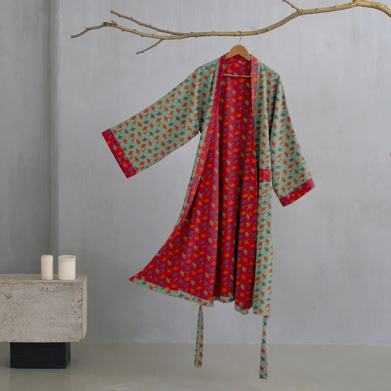 Zweifarbiger Kimono-Bademantel aus Ginkgo-Baumwollgaze - Grün & Rot - 2XL - image 19