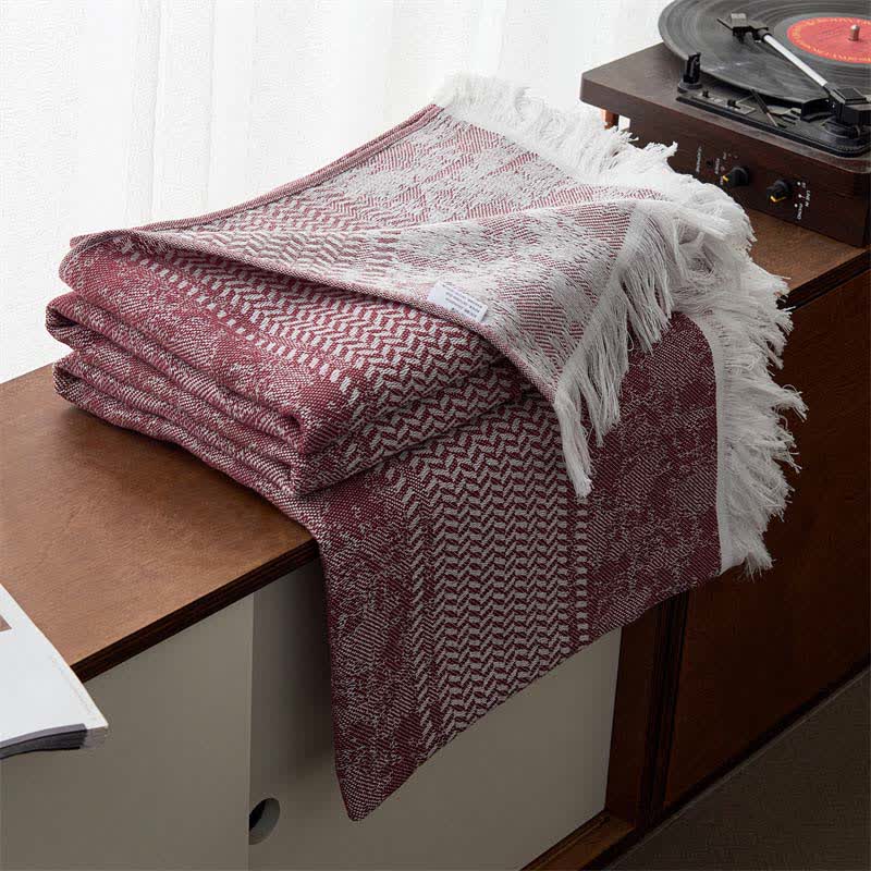 Moderne Jacquard-Steppdecke aus Baumwolle mit Quasten zum Wenden - Wein - 200cm x 230cm - image 2