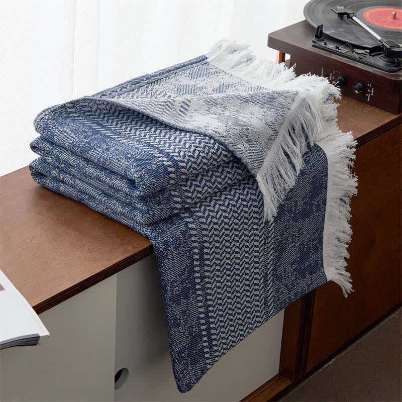 Moderne Jacquard-Steppdecke aus Baumwolle mit Quasten zum Wenden - Dunkelblau - 200cm x 230cm - image 7