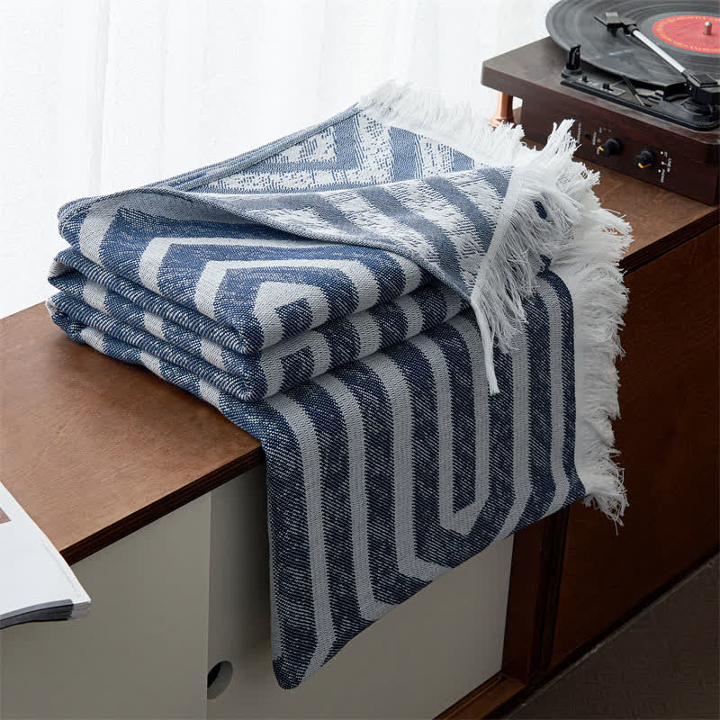 Wendesteppdecke aus Baumwolle mit Quasten und Karomuster im Jacquard-Stil - Dunkelblau - 200cm x 230cm - image 5