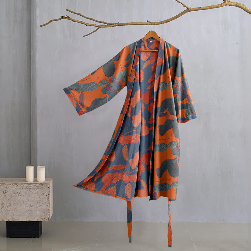 Kimono-Robe aus Baumwollgaze mit botanischem Blattmuster - Orange - L - image 8