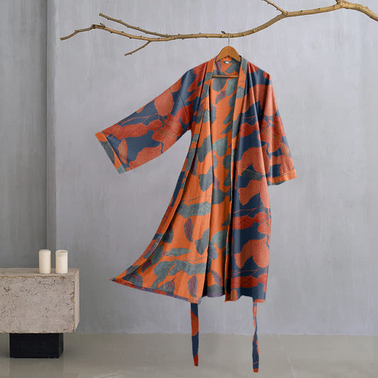 Kimono-Robe aus Baumwollgaze mit botanischem Blattmuster - Lila - L - image 1