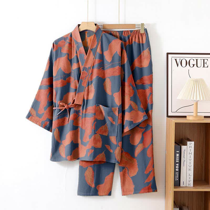 Loungewear-Set aus Baumwoll-Kimono mit botanischem Blattmuster - Lila - XL - image 2