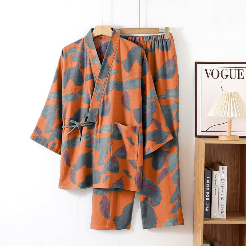Loungewear-Set aus Baumwoll-Kimono mit botanischem Blattmuster - Orange - XL - image 5