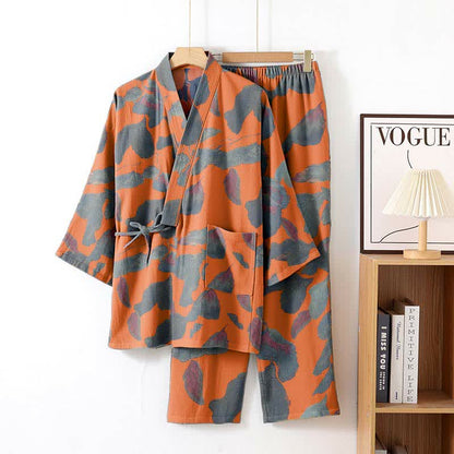 Loungewear-Set aus Baumwoll-Kimono mit botanischem Blattmuster - Orange - XL - image 5
