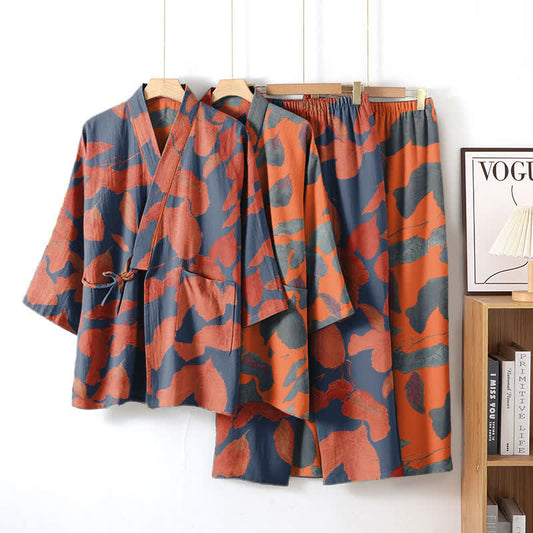 Loungewear-Set aus Baumwoll-Kimono mit botanischem Blattmuster - image 1