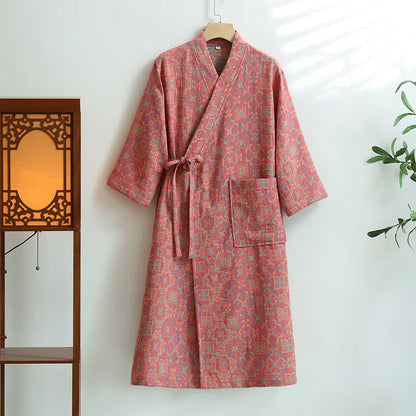 Bademantel aus Baumwollgaze mit Vintage-Blumenmuster und Taschen - Rosa - XL - image 1