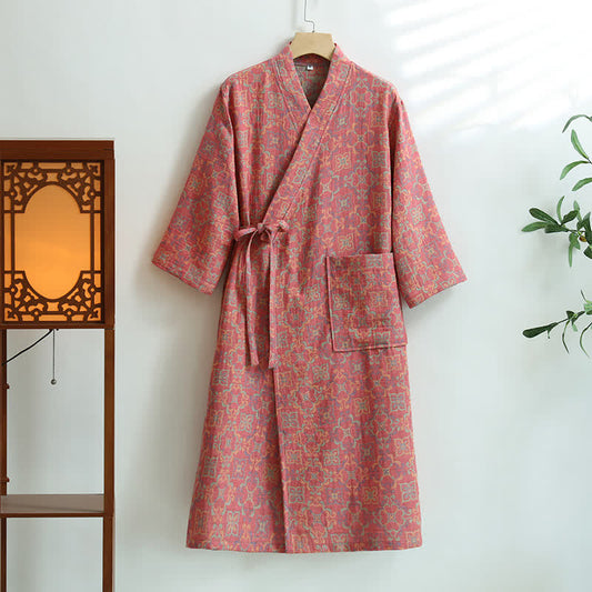 Bademantel aus Baumwollgaze mit Vintage-Blumenmuster und Taschen - Rosa - XL - image 1