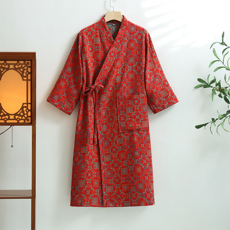 Bademantel aus Baumwollgaze mit Vintage-Blumenmuster und Taschen - Rot - XL - image 6