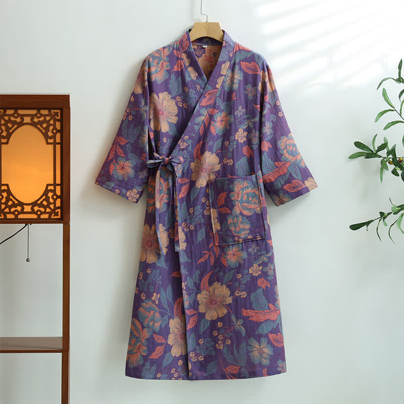 Hibiscus-Bademantel aus Baumwollgaze mit Taschen - XL - image 1