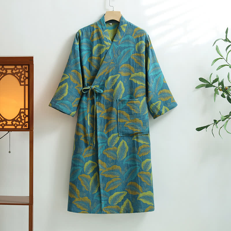 Bademantel mit Taschen aus Baumwollgaze mit tropischen Blättern - XL - image 1