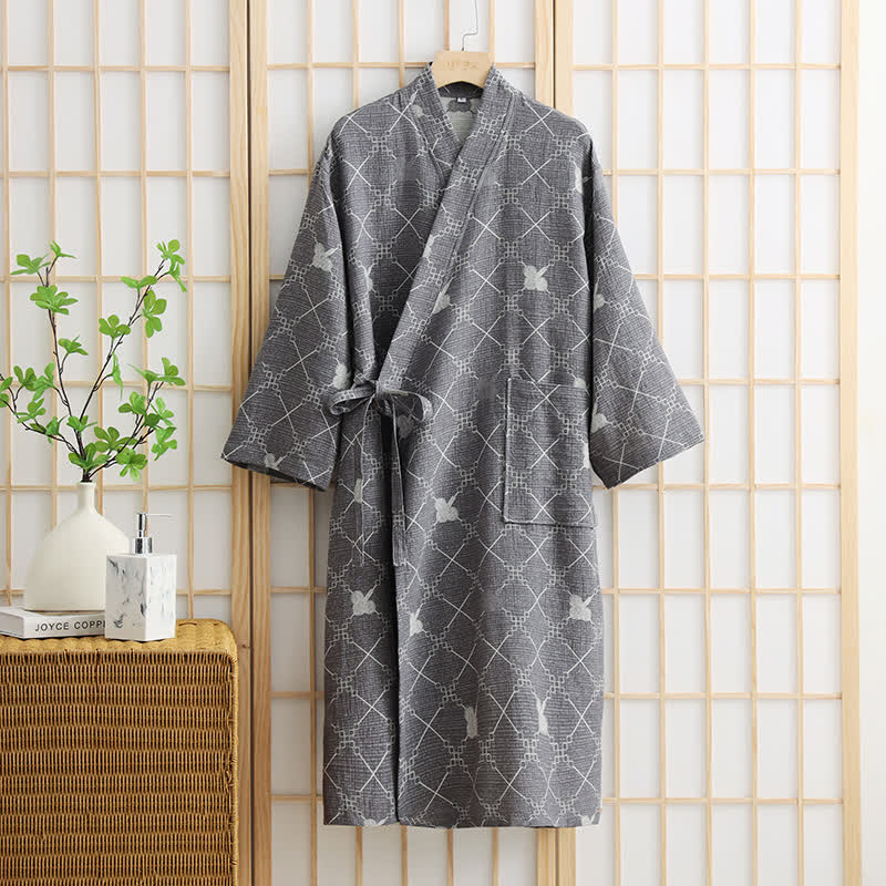 Unisex-Bademantel aus Baumwolle mit Taschen und Rautenmuster - Grau - XL - image 1