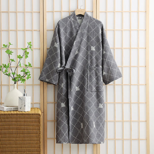 Unisex-Bademantel aus Baumwolle mit Taschen und Rautenmuster - Grau - XL - image 1