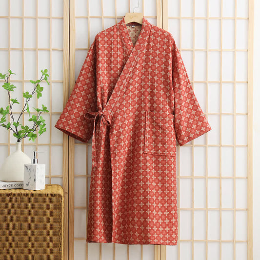 Unisex-Bademantel aus Baumwolle mit geometrischem Muster und Tasche - Rot - XL - image 1