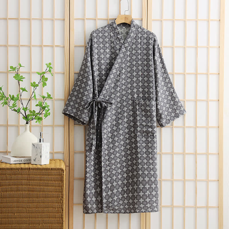 Unisex-Bademantel aus Baumwolle mit geometrischem Muster und Tasche - Grau - XL - image 6