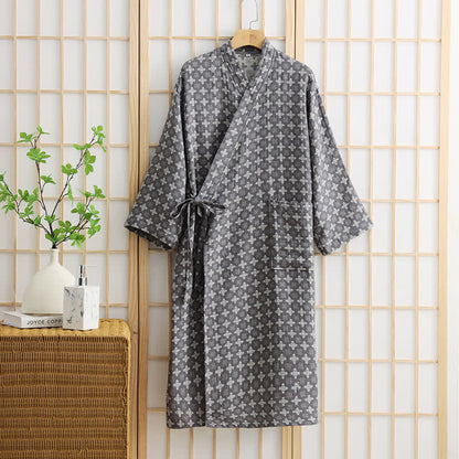 Unisex-Bademantel aus Baumwolle mit geometrischem Muster und Tasche - Grau - XL - image 6