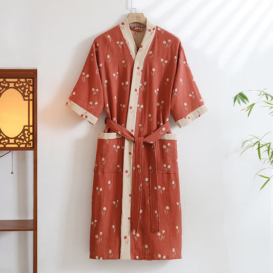 Unisex-Kimono-Bademantel aus Baumwolle mit Tulpenmuster und Tasche - Rosa - XL - image 1