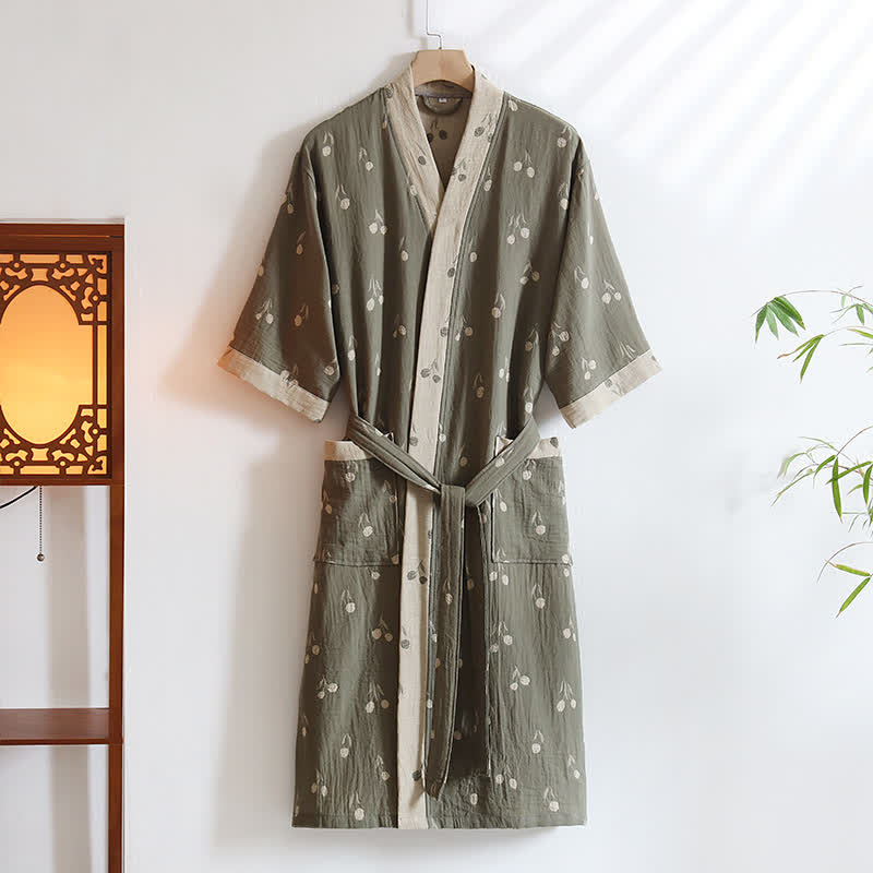 Unisex-Kimono-Bademantel aus Baumwolle mit Tulpenmuster und Tasche - Grün - XL - image 3