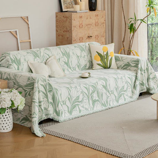 Grüne Tulpen-Chenille-Sofadecke - 180cm x 340cm - image 1