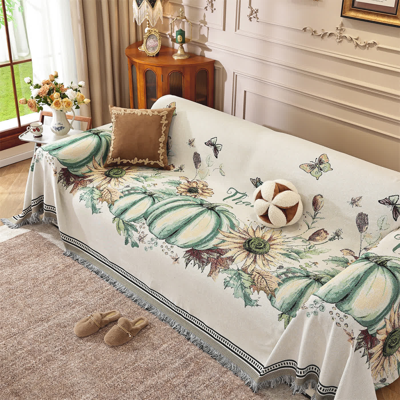 Kürbis-Sonnenblumen-Chenille-Sofa-Überwurfdecke - 180cm x 340cm - image 1