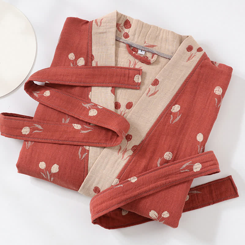 Unisex-Kimono-Bademantel aus Baumwolle mit Tulpenmuster und Tasche - image 2
