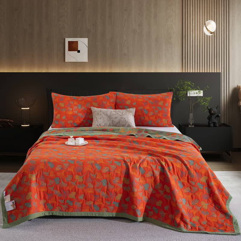 Steppdecke aus Bio-Baumwolle mit Ginkgo Biloba - Orange Rot - 2 Kissenbezüge - 51cm x 91cm - image 22