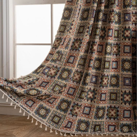 Geometrischer quadratischer Jacquard-Vorhang im Retro-Stil - Stangentasche - Beige - 150cm x 260cm - image 1