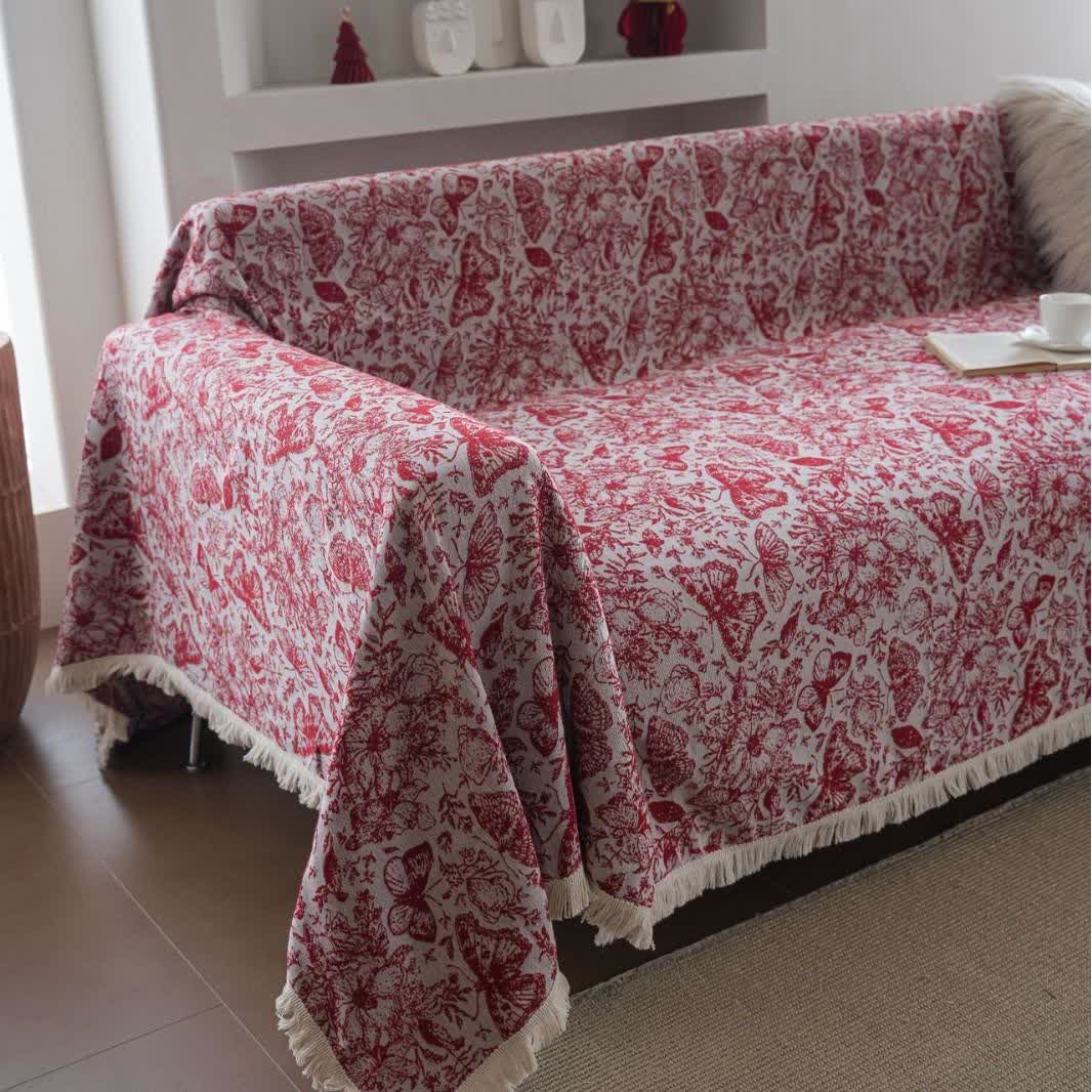 Rote Sofadecke mit Schmetterlings- und Blumenmuster - image 5