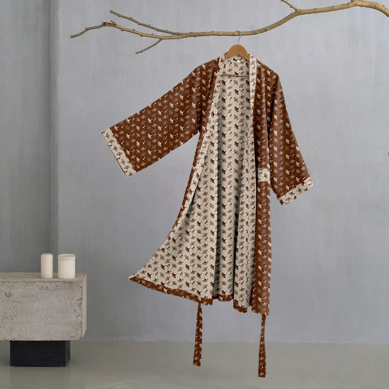 Zweifarbiger Kimono-Bademantel aus Ginkgo-Baumwollgaze - Kaffee & Beige - XL - image 21