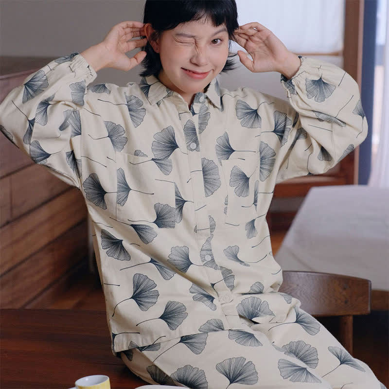 Pyjama-Schlafanzug aus gebürsteter Baumwolle mit Ginkgoblättern - image 4