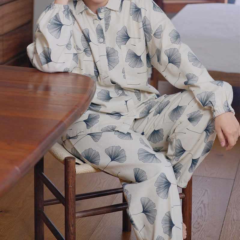 Pyjama-Schlafanzug aus gebürsteter Baumwolle mit Ginkgoblättern - image 3