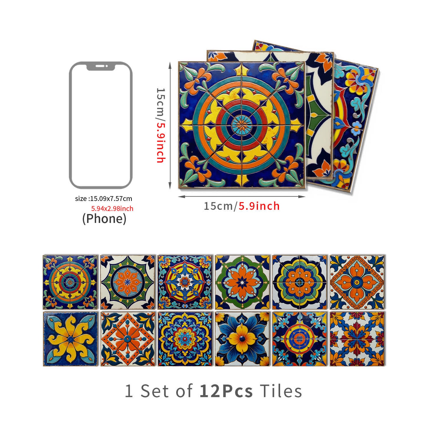 Bunte Talavera-Fliesen-Wandaufkleber aus PET-Schaum - 12 Stück - 15cm x 15cm - image 9