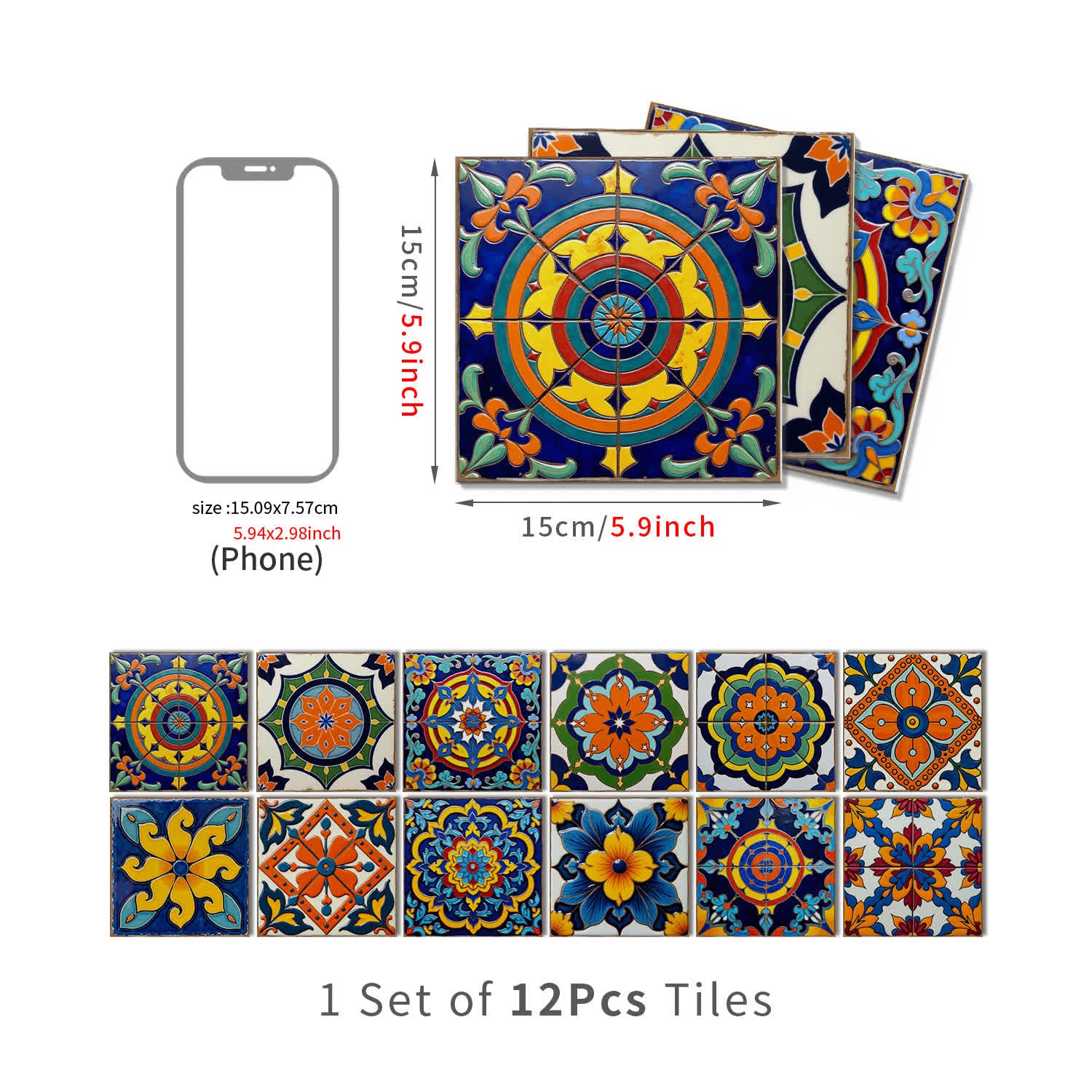 Bunte Talavera-Fliesen-Wandaufkleber aus PET-Schaum - 12 Stück - 15cm x 15cm - image 9