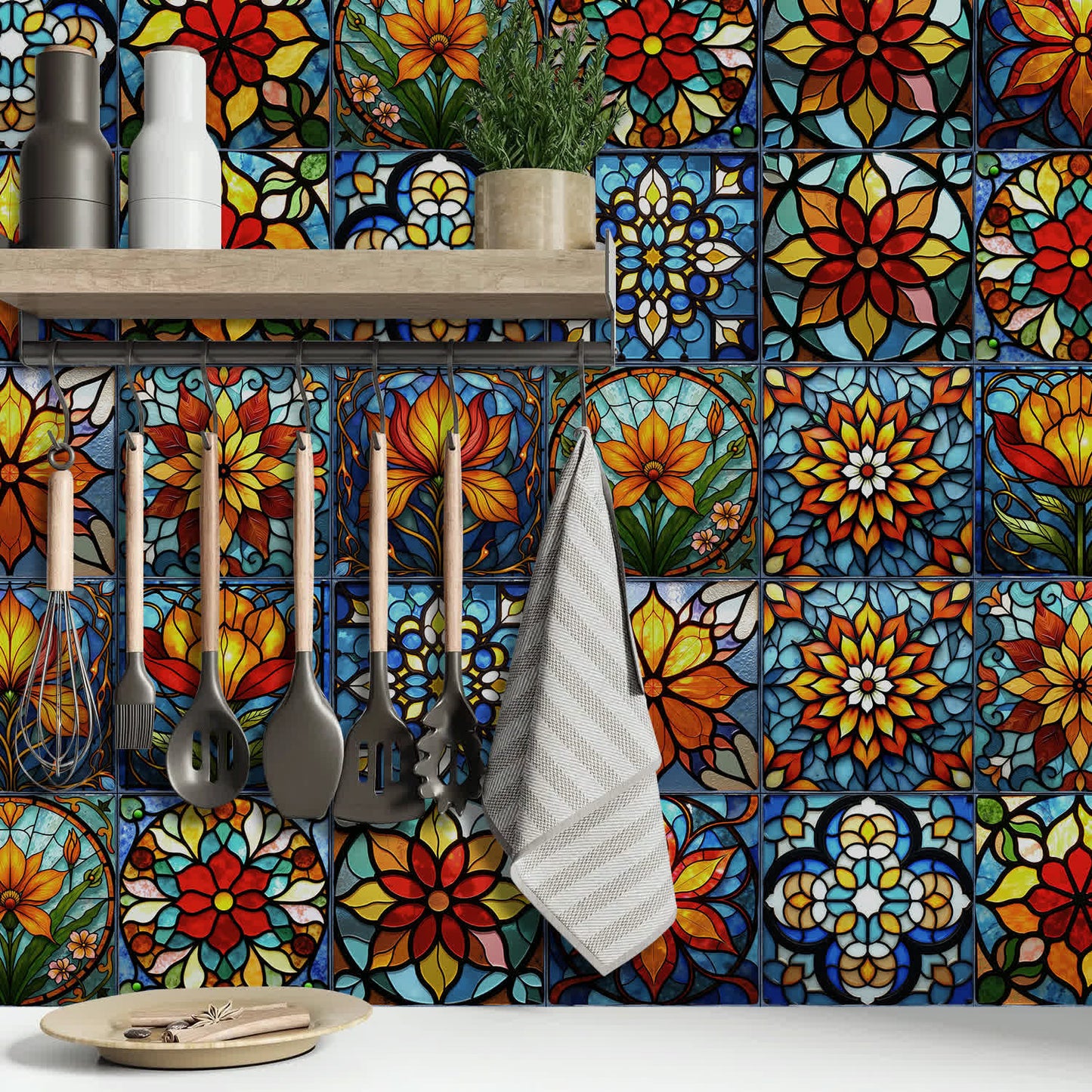 Wandaufkleber aus PET-Schaumfliesen im Boho-Stil mit Blumenmuster - image 4
