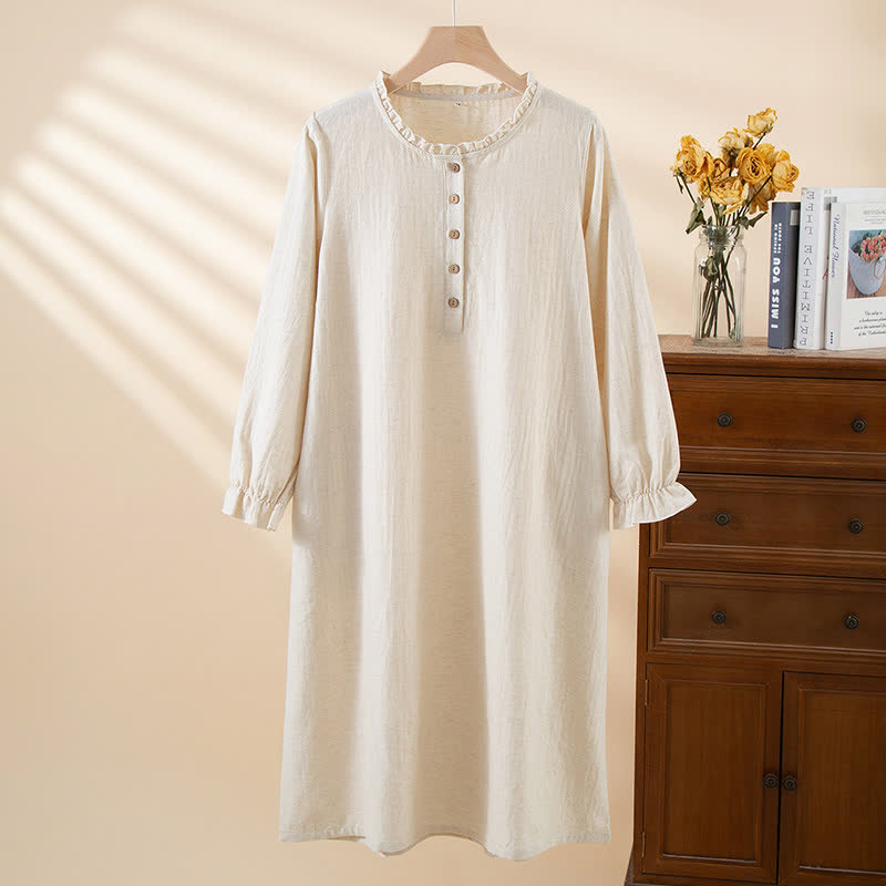 Schlichtes Nachthemd aus Baumwollleinen mit Rüschen und Knöpfen - Beige - XL - image 2