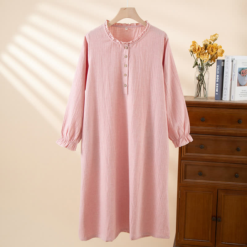 Schlichtes Nachthemd aus Baumwollleinen mit Rüschen und Knöpfen - Rosa - XL - image 3
