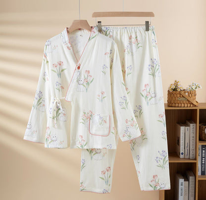 Kimono-Pyjama aus Baumwollgaze mit Blumenmuster und Katze - Beige - 2XL - image 3