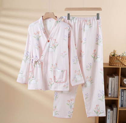 Kimono-Pyjama aus Baumwollgaze mit Blumenmuster und Katze - Rosa - 2XL - image 2