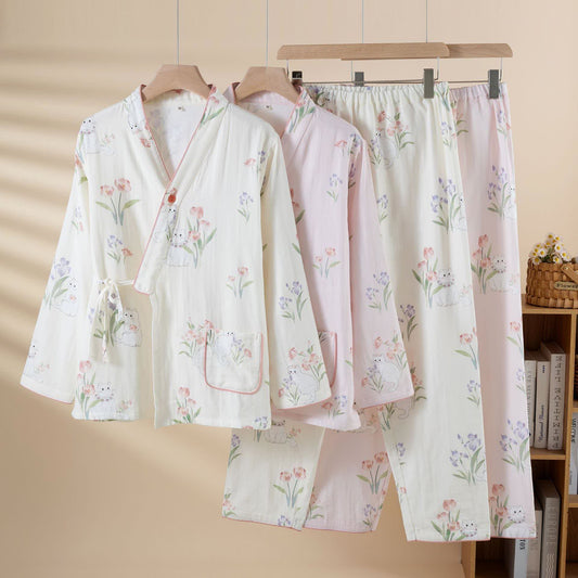 Kimono-Pyjama aus Baumwollgaze mit Blumenmuster und Katze - image 0