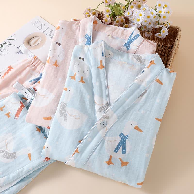 Baumwollgaze-Kimono-Pyjama mit Cartoon-Gans - image 1