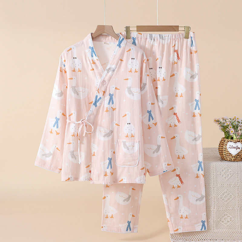Baumwollgaze-Kimono-Pyjama mit Cartoon-Gans - Rosa - 2XL - image 2